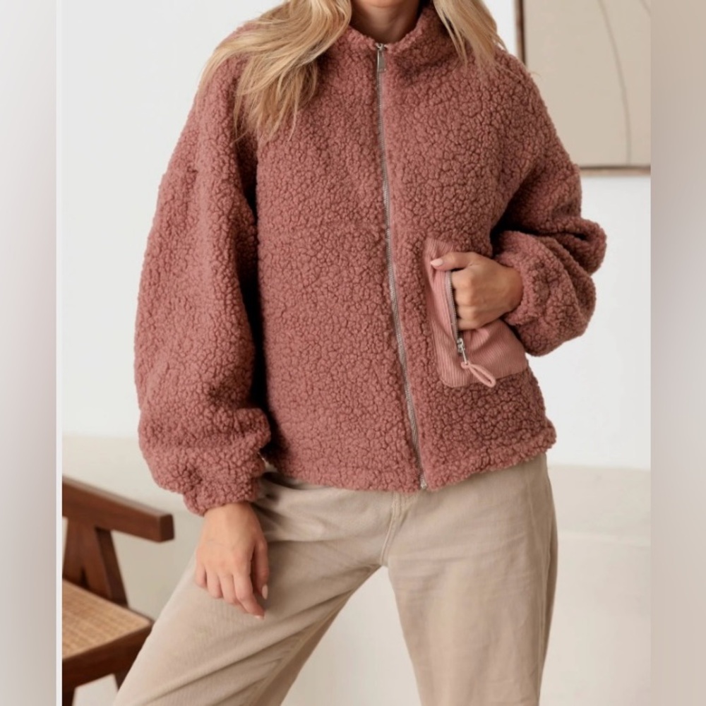 Mauve Sherpa Long Sleeve Ribbed Pocket Jacket